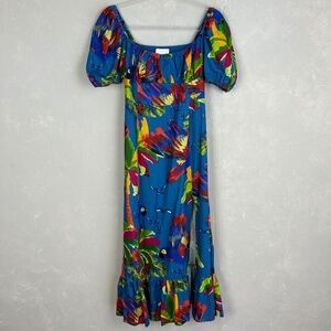 House of Harlow size XS midi dress blue tropical linen blend puff sleeve rufffle